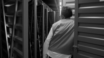 Black and white slow motion of young Caucasian man dancing in warehouse corridor with open doors