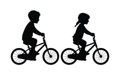 Obraz premium Vector art of silhouette of a boy and girl riding bicycles isolated on white background