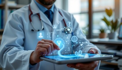 doctor using a digital tablet with AI healthcare Telemedicine technology. Futuristic medical innovation with smart data analysis and neural interface