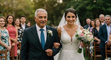Father walking bride down aisle at outdoor wedding ceremony with guests. Marriage celebration for family love and matrimonial tradition ceremony