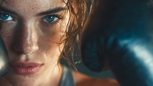 Close up portrait of determined female boxer wearing boxing gloves, her face covered in sweat after an intense workout, showcasing strength and dedication
