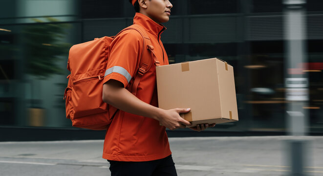 Delivery worker in orange uniform carrying cardboard package walking fast through modern urban street. Express courier service and logistics for shipping and e-commerce business