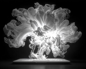 Un'esplosione astratta di fumo bianco emerge dinamicamente da un laptop, simboleggiando la potenza della creatività digitale e l'innovazione tecnologica.
