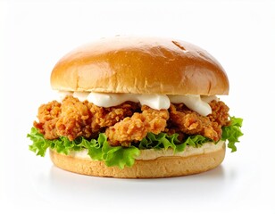 Crispy fried chicken sandwich with lettuce and mayonnaise in a brioche bun, isolated on a white background.