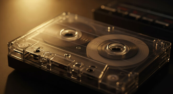 Vintage cassette tape with transparent case showing internal mechanism in warm golden lighting. Retro music technology and analog audio for nostalgia content
