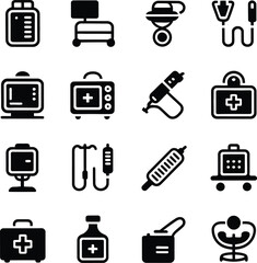 Assortment of black medical equipment icons on a white background healthcare silhouette