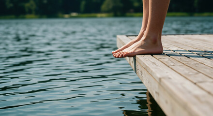 Bare feet on wooden dock edge above calm lake water surface. Summer relaxation and peaceful lakeside vacation for wellness and nature retreat content