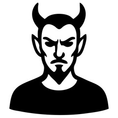 A bold black and white vector illustration of a devilish character bust with sharp facial features and prominent curved horns. Ideal for use in logos, fantasy themes, gaming graphics, or Halloween art