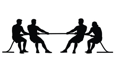 Vector art of silhouette of two teams competing in a tug of war, isolated on white background