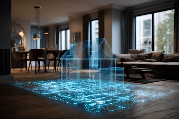 Visualize your dream home with stunning futuristic blueprint technology in a modern living space for real estate innovation and design concepts
