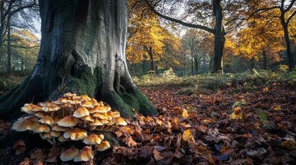Obraz premium A serene forest scene with vibrant autumn foliage and majestic trees. Discover the beauty of nature through the lens of this captivating image. Generative AI