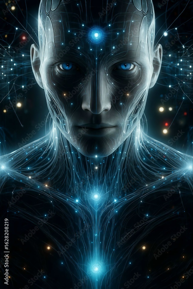 Poster futuristic humanoid robot face with glowing blue circuits and data streams