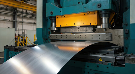 Metal forming press machine processing steel sheet with hydraulic power. Industrial manufacturing for automotive parts production and metalworking