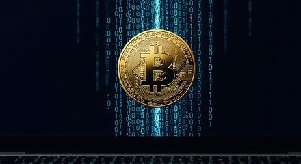 Golden Bitcoin Coin Overlay on Falling Blue Binary Code in Dark Futuristic Digital Abstract Background