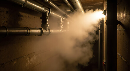 Industrial steam leak from metal pipes in basement utility room with bright lighting. Emergency plumbing repair and building maintenance for property management services