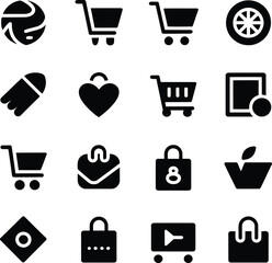 Collection of Black Shopping and Sports Icons on White Background shopping cart shopping bag