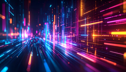 A striking digital wallpaper with a glitch effect and neon elements, ideal for gaming backgrounds, social media content, or as a texture for motion graphics.