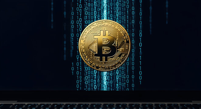 Golden Bitcoin Coin Overlay on Falling Blue Binary Code in Dark Futuristic Digital Abstract Background