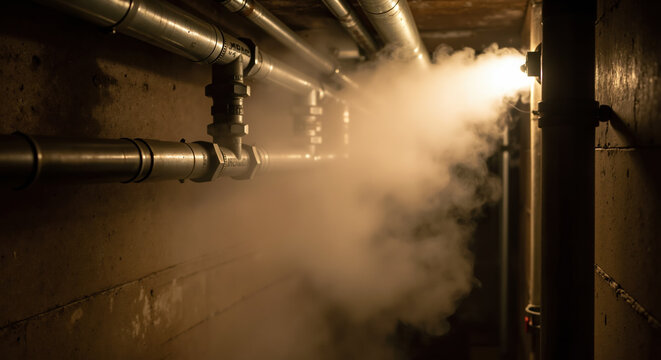 Industrial steam leak from metal pipes in basement utility room with bright lighting. Emergency plumbing repair and building maintenance for property management services
