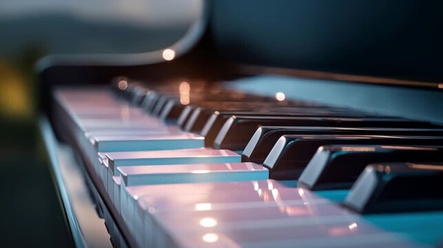 Music wallpaper showing close-up piano keys with reflective ambient light