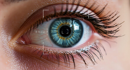 Fototapeta premium Human eye with digital scanning overlay and targeting frame graphics. Biometric identification for security access and facial recognition technology