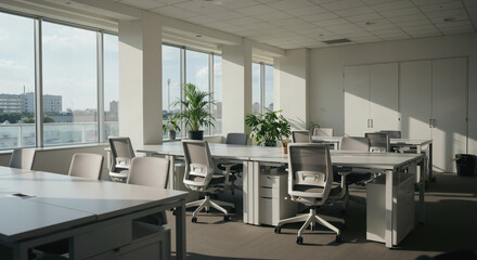 Modern office workspace with desks chairs and large windows overlooking city. Corporate environment for business productivity and professional work atmosphere
