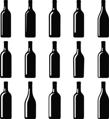 Fifteen Black Wine Bottle Silhouettes on White Background alcohol beverage