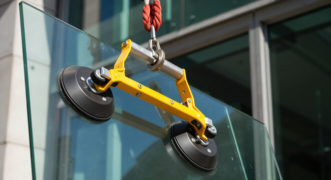 Yellow vacuum glass lifter with suction cups attached to window panel. Construction equipment for glazing installation and window handling safety