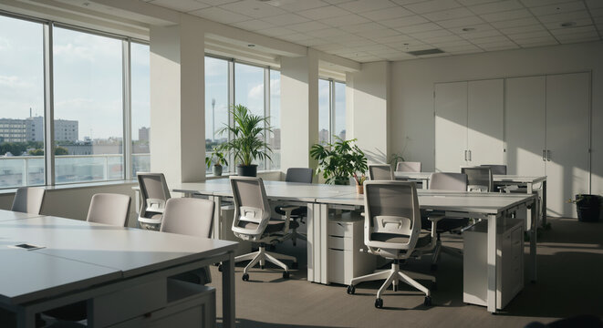 Modern office workspace with desks chairs and large windows overlooking city. Corporate environment for business productivity and professional work atmosphere