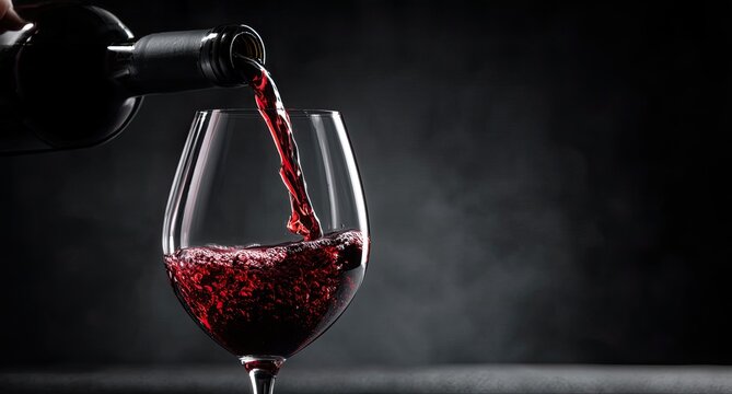 Red wine being poured into a stemmed glass.  A bottle of red wine is pouring a stream of wine into a wine glass, against a dark background.  Wine splashes are visible