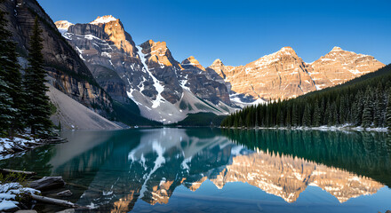 Fototapeta premium Stunning reflection of mountains and pine trees on calm turquoise alpine lake in the morning. 