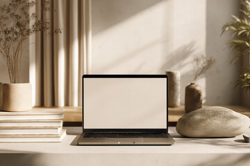 White blank laptop screen in modern room