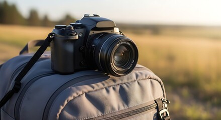 DSLR Camera and Backpack in Golden Hour Field Landscape