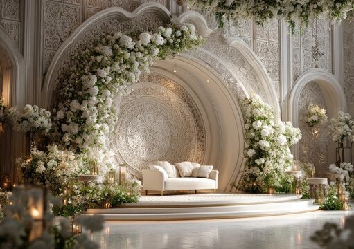 Elegant white floral wedding archway.  Cream, ornate,  stage