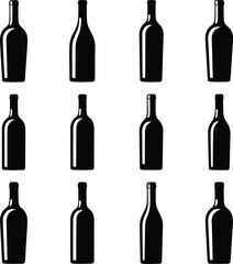 Twelve Black Silhouette Wine Bottle Icons on White Background alcohol beverage