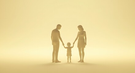 A minimalist silhouette of a happy family, father, mother, and child holding hands on a pastel yellow background. Concepts for family, love, care, unity, bond, protection, parenting.
