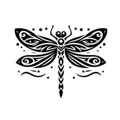 Ornate dragonfly illustration isolated on white background in black and white
