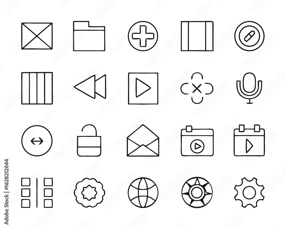 Poster collection of thin line interface icons for web and mobile applications on a black background