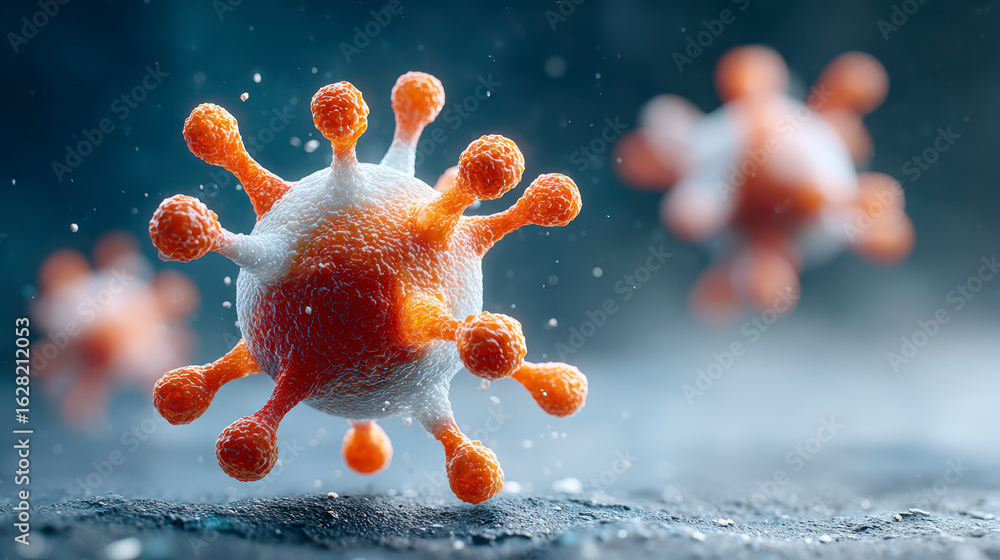 Poster 3d rendering of virus particles with spiked surfaces on a blurred background, symbolizing a microsco