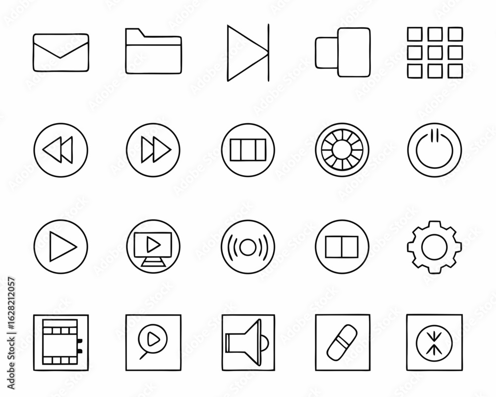 Poster collection of modern outline icons for media playback and user interface design elements