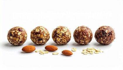 Five healthy oatmeal energy balls with almonds and cranberries arranged in a row on a white background.