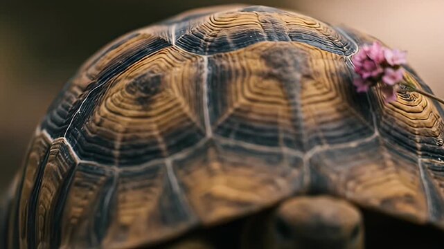 Turtle shell detailed close-up with a small pink flower resting on its carapace