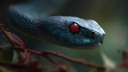 Obraz premium Close-up of a venomous viper. Deep blue-purple scales, vibrant red eyes. Blurred, out-of-focus background