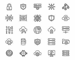 Collection of modern technology and cybersecurity icons representing data security cloud computing and network infrastructure
