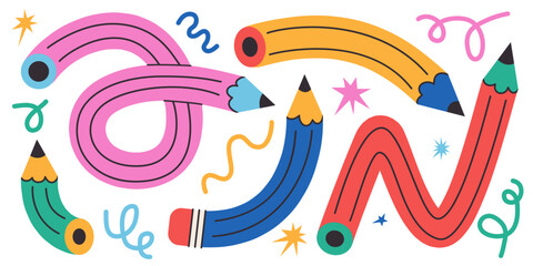 Twisted curved pencil bent into abstract shapes collection. Flexible pencils,  school studying supplies. Perfect for designing notebooks, schedules, diaries, school banners
