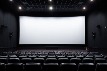 Empty movie theater interior, large blank screen