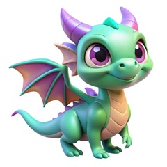 Cute cartoon dragon with purple horns and wings isolated on white background