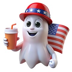 Happy cartoon ghost character wearing patriotic hat holding drink and american flag isolated on white background