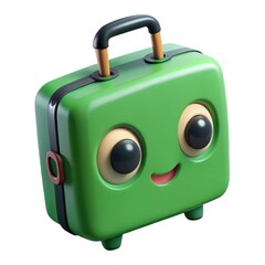 Cute green cartoon suitcase with a happy face isolated on white background