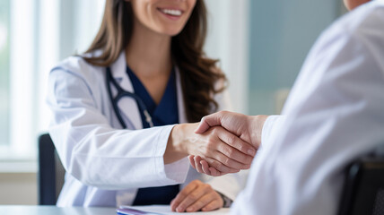 Doctors shaking hands, reaching an agreement on a patient's health, treatment plan, or diagnosis in a clinic, representing collaboration in healthcare and medicine. Doctor and patient shaking hands